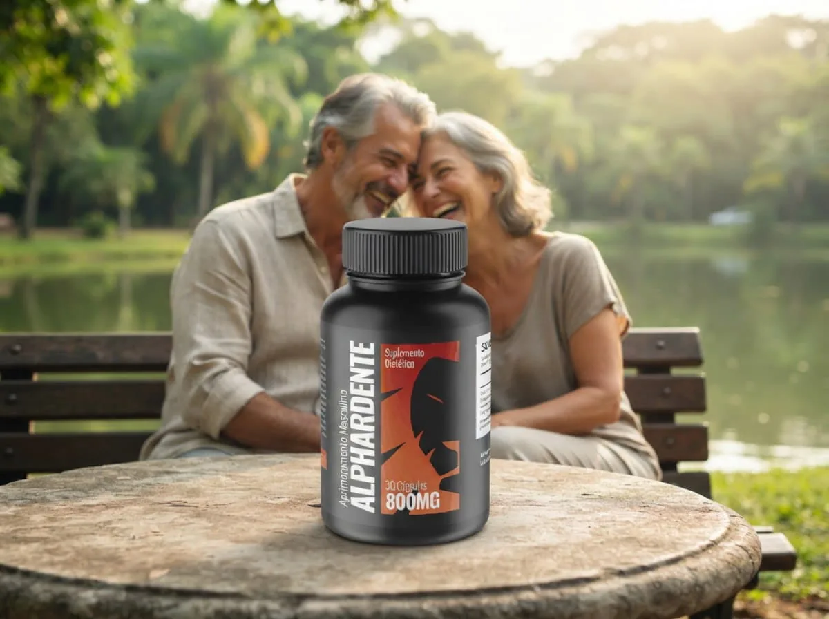 Casal maduro abraçado e sorrindo com o frasco de Alphardente Cápsulas