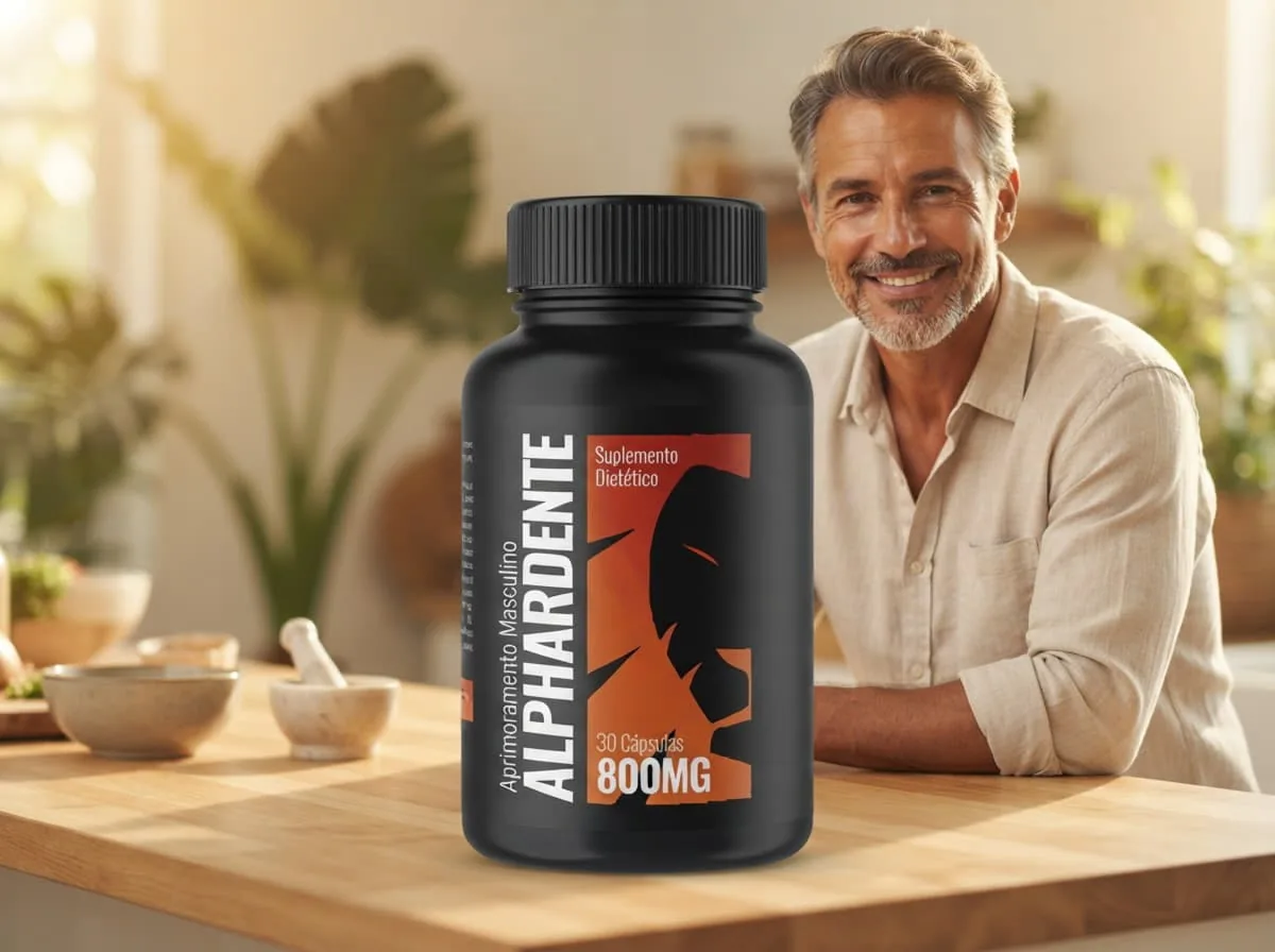 Cliente sorridente na cozinha com o frasco de Alphardente Cápsulas pedido no site oficial