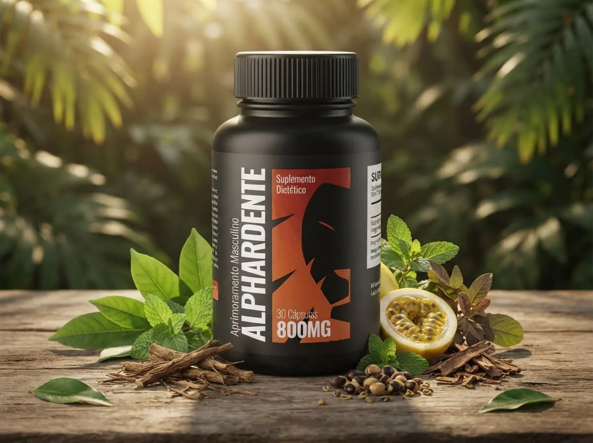 Frasco de Alphardente Cápsulas entre folhas e ingredientes naturais da fórmula