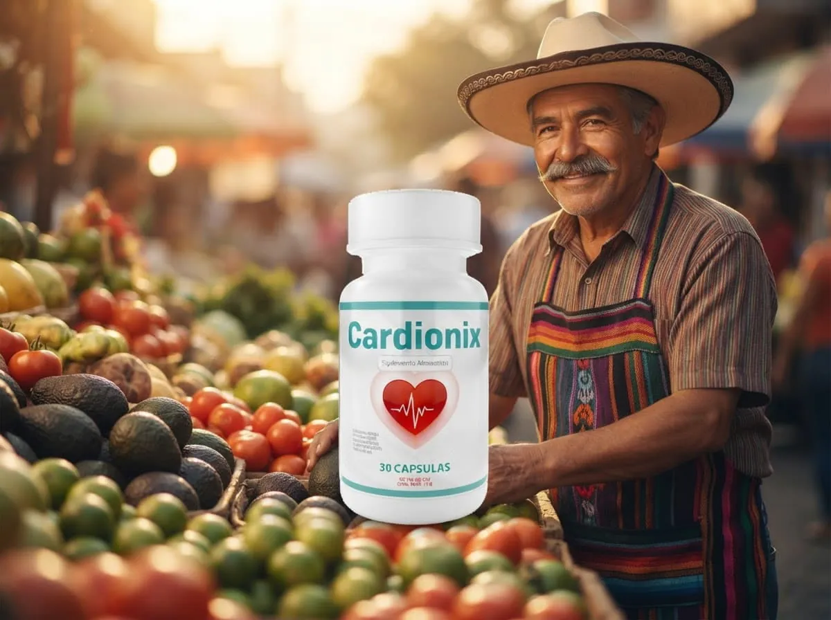 Puesto de mercado mexicano con productos frescos y un frasco de Cardionix