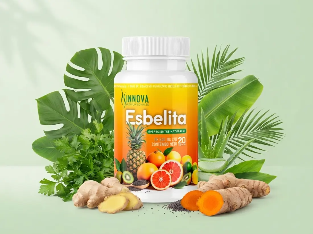 Frasco de Esbelita rodeado de plantas y raíces frescas