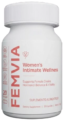 Frasco de Femvia con 20 cápsulas, suplemento alimenticio femenino en México